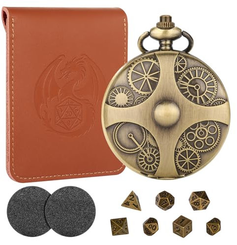 Mini DND Würfel Set mit Bronzefarbenen Steampunk Zahnrad Taschenuhrgehäuse, DND Geschenke mit Würfelbeutel, 7-teiliges Polyedrisches Metall D&D Würfel Set, D&D Rollenspiel-Brettspiel Zubehör Würfel