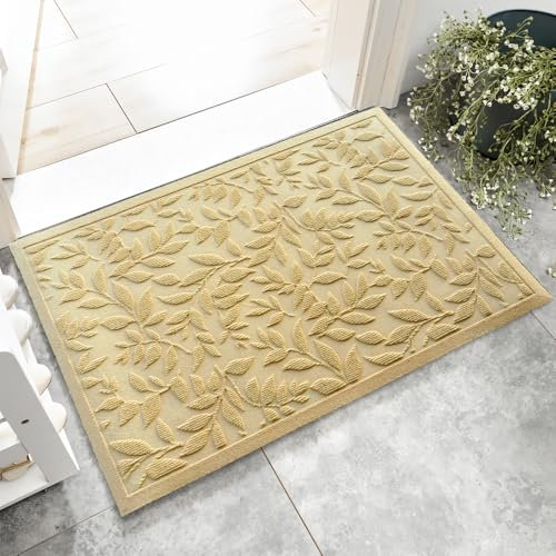 Grüne Blätter Fußmatte Innen Und Außen, Mit Anti-Rutsch-Funktion Schmutzfangmatte, Robust Und Strapazierfähig Fussmatte Aussen Aus Gummi, (Beige, 58X89CM)