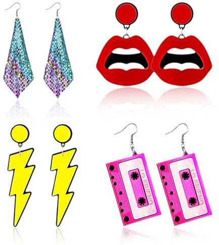 Neon Ohrringe Damen, 4pcs 80er 90er Jahre Neon Ohrringe für Frauen, 80er Jahre Neon Ohrringe, Retro Kassette Ohrringe, Vintage Neon Ohrringe, 80er Jahre Kostüm Ohrringe, Acryl Ohrringe