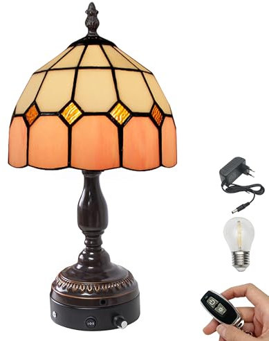 FSLiving Tiffany-Stil Tischlampe Kabellos Warmweißes,Rosa Wiederaufladbar Tischleuchte, Dimmbar Nachttischlampe mit Glasschirm und Fernbedienung für Nachttisch Esszimmer Schlafzimmer -B2CDTD