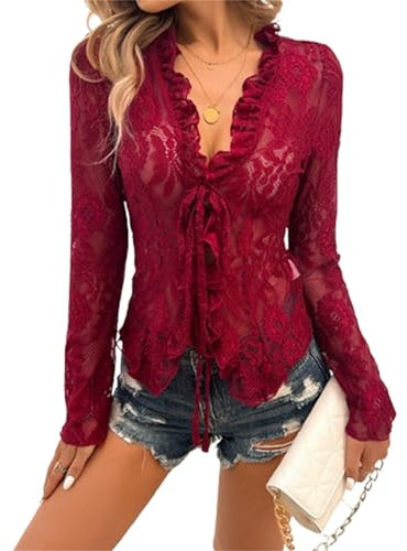Women's Sexy Lace Long Sleeve Sheer Mesh Crop Tops Floral Slim Fitted Bow Tie Y2K Blouses for Teen Girls (Red, L)