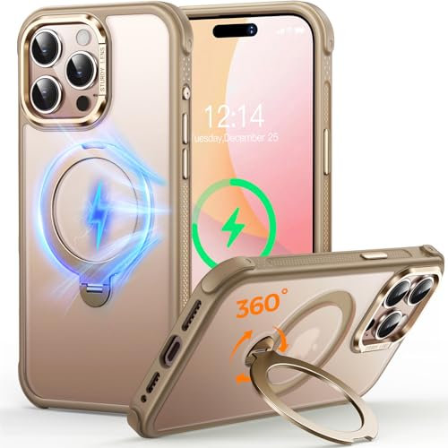 O3 Mag-Ständer Entwickelt für iPhone 15 Pro Hülle mit 360°Ständer,[Kompatibel mit MagSafe][Super Hautgefühl] Durchscheinende Matte Magnetische Schlanke Handyhülle 6,1,Matt Gold