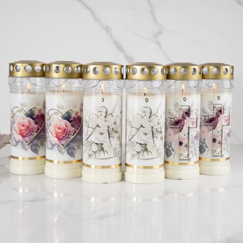 6er Set HOFER GRABKERZEN 7 Tage Brenndauer - Das Original [Poesie Select] regenfest | Kerzen mit Deckel | Grablicht, Friedhofskerze mit Motiv | Kerzen für Grabdeko