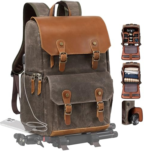 Padwa Lifestyle Kaffee Kamerarucksack - wetterfeste Kameratasche aus gewachstem Memory Canvas mit 16“ Laptop-/Objektivfach und Stativfach, Mehrzweck-Kamerarucksack für professionelle Fotografen