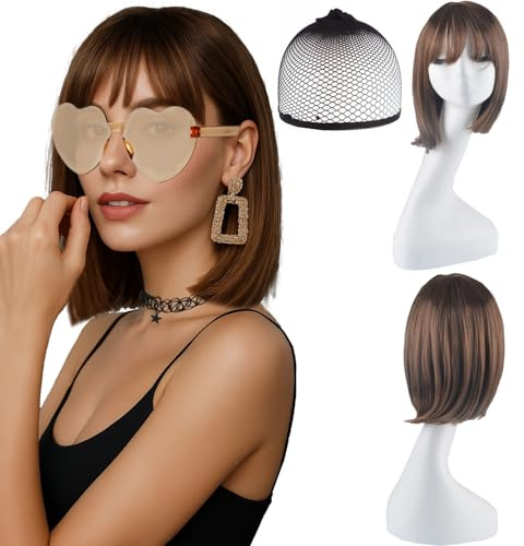 AYNKH Kurzhaarperücke Damen, Kommt mit einem Haarnetz, Halskette und Sonnenbrille geeignet für Partys und Versammlungen, cospaly， Die perfekte Wahl für Mode (light brown)