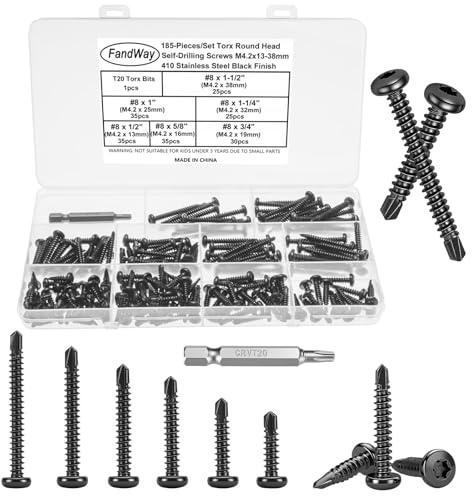 FandWay 185 Pcs Torx Self Tapping Screws Metal,M4.2x13~38mm Torx Self Drilling Screws,Pan Head Sheet Metal Tek Screw 410 Stainless Steel Black Coating With 1 T20 Bits For Metalwork Roofing Windows.