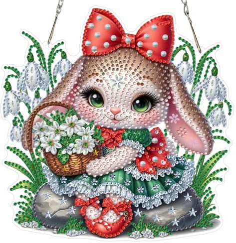 MXJSUA Diamond Painting Anhänger mit Kette Erwachsene, Diamant Painting Fensterbilder Hängende Ornament Bastelset Set für Wand Und Eingang Decor 20x20CM （Blumen Hase）