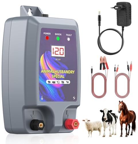 10KM Elektrozaun für Tiere, 12 kV 2,0 J Hochleistungs-Elektrozaungerät, Elektrozaun zum Schutz von Schafen, Pferden, Garten, Weiden und Bauernhof (Grau)