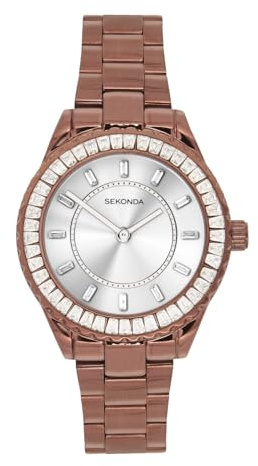 Sekonda Margot Damen-Quarzuhr mit 34 mm Steinbesatz, Braun mit Analog-Anzeige und Edelstahl-Armband