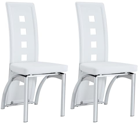 SEEDWAVE Esszimmerstühle 2er Set, Küchenstuhl mit ausgeschnittener Raster-Optik und hoher Rückenlehne, Moderner Polsterstuhl mit weichem PU-Sitz und Metallbeinen (Weiß/silbernen Beinen)