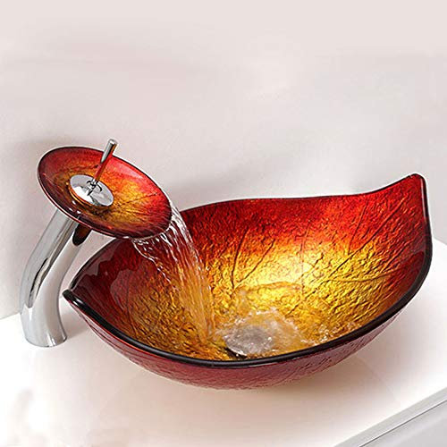 HomeLava Modern Glas Waschbecken Set Blatt Design Mit Wasserfall Wasserhahn