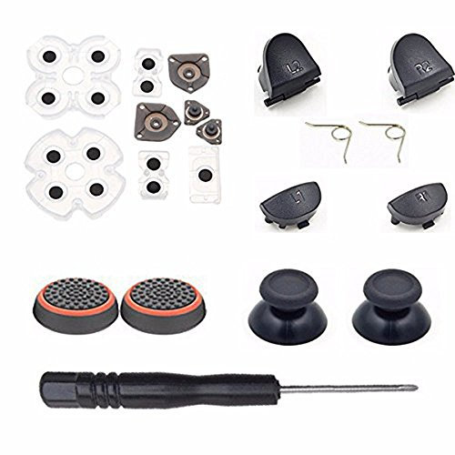Per Sony PlayStation 4 PS4 per DUALSHOCK 4 L1 R1 L2 R2 Trigger Springs Buttons + 2 joystick Thumb Sticks + 2 joystick silicone Caps + 2 molle + 1 cacciavite + 1 set silicone conduttivo tamponi in