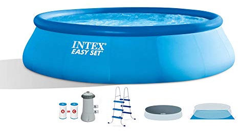 Intex Piscine extérieure gonflable facile à installer hors sol avec bâche ronde de 4,6 m, échelle et pompe filtrante, bleu