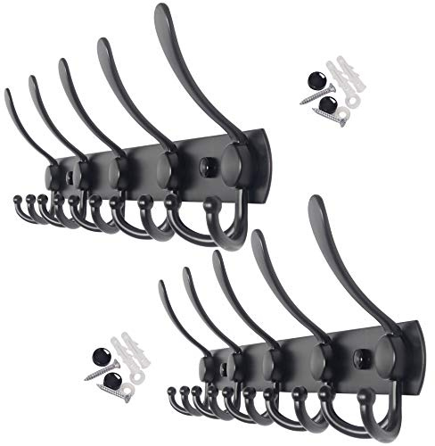 WEBI Coat Rack Wall Mounted,5 Tri Hooks for Hanging,Hook Rack,Hook Rail,Coat Hanger Wall Mount for Jacket,Clothes,Hats,Towel,Black,2 Packs