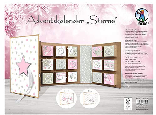 Ursus 17860001F - Adventskalender in Buchform, Sterne, ca. 22,4 x 16,1 x 5,3 cm, aus Kraftkarton, mit Satinband zum Verschließen, zum Befüllen und Verschenken