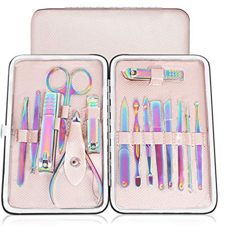 AIPRODA 15pcs Nail Clipper,Rainbow Chameleon Manicure Nail Kits,Stainless Steel Professional Pedicure Set,Nail Scissors,Nail File,Fingernail,Toenail Clippers with Rose Gold Leather Travel Case