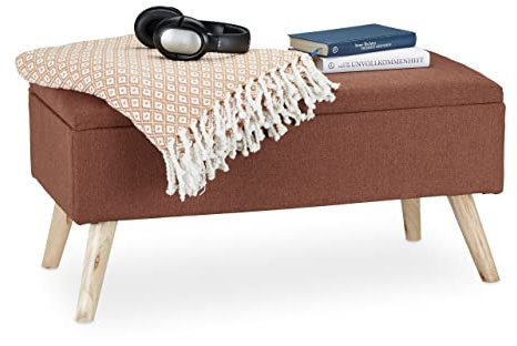 Relaxdays Sitzbank mit Stauraum, gepolstert, Holzbeine, Truhenbank Stoffbezug, H x B x T: 39,5 x 79,5 x 39,5 cm, braun
