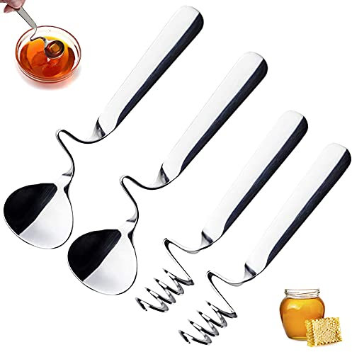 PHIEZC Cuillère à Miel et Confiture,4 Pcs Cuillères en Acier Inoxydable,Cuillère à Dessert,Couverts Spirale,Jam Pot à Miel Distributeur,Convient pour la Confiture, Le Yaourt et Le Miel