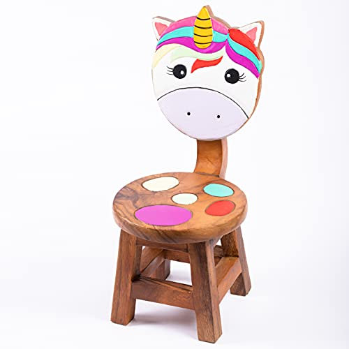 FairEntry Kinderstuhl aus Holz Einhorn Robust und massiv in Handarbeit gefertigt, sehr stabil Sitzhöhe 25 cm. Passend für die Kindersitzgruppe. Für den Kindergarten