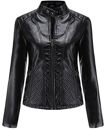 YFFUSHI Giacca bomber da donna in finta pelle, da motociclista, a maniche lunghe, con cerniera, stile casual, Nero , S