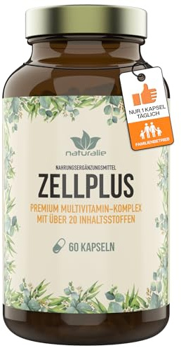 naturalie® - Zellplus | premium Multivitamin Kapseln | Komplex aus 13 Vitaminen + 10 Pflanzenextrakten + Q10 | laborgeprüfte Qualität | 60 Kapseln im BPA-freien Glas