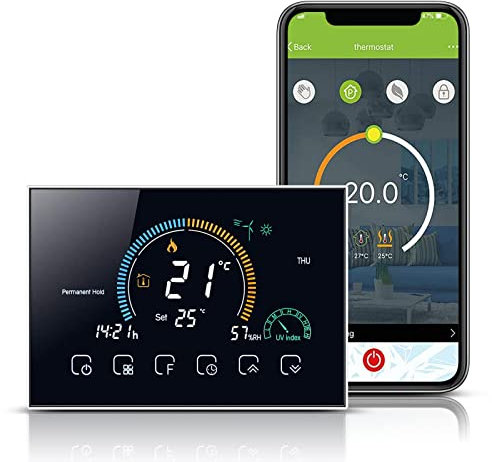 Termostato Calefaccion Wifi, Termostato Inalambrico para Caldera, Programable Inteligente con Pantalla Táctil, Compatible con Alexa Google Home, Soporte Control Remoto por Voz y con Pantalla LCD