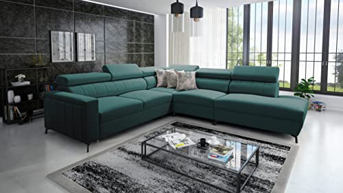 All4All Ecksofa mit Schlaffunktion Emre 8 - Sofa mit Bettkasten - Wohnlandschaft L-Form - 302x275 cm - Polstersofa - verstellbare Kopfstützen - Rechte Seite - Türkis (Rechts, Mono238)