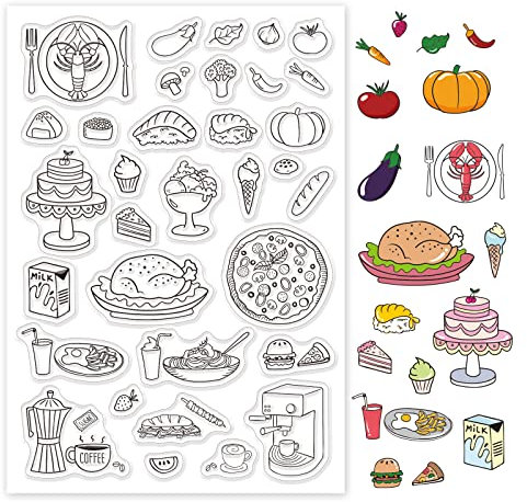 GLOBLELAND Silikonstempel Essen Klare Stempel Kaffee, Pizza, Kuchen und Truthahn Transparente Stempel Essen Clear Stamps für Kartenherstellung und DIY Scrapbooking Dekor