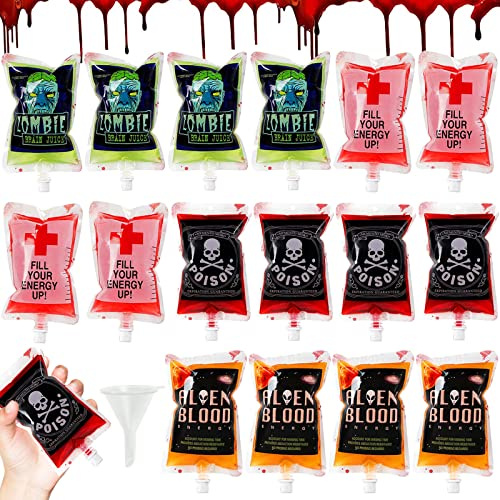 Halloween Trinkgefäß, 16 Stück Blutbeutel zum Befüllen 250ml, Halloween Trinkgefäß Blutbeutel, Wiederverwendbare Blutspendebeutel mit Trichter für Vampir Dekorationen Karneval Fasching Cosplay Party