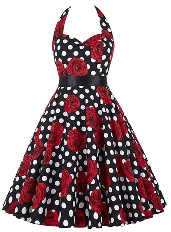 YMING Années 1950 Femmes Robes Rétro Rock Wave Point Swing Robe De Midi Cocktail Halter Neck Robe De Bal Rose Noir M