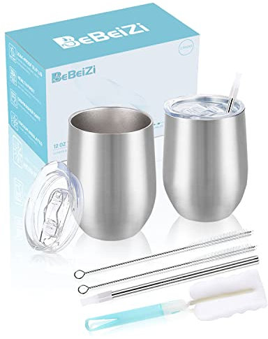 BeBeiZi 2 Stück Weinbecher Edelstahl, 350ml Stemless Weinbecher Mit Deckel Und Strohhalm, Vakuumisolierte Reisekaffeetasse für Cocktails, Coffee, Hochzeitsgeschenk, Geburtstag Frauen, DIY