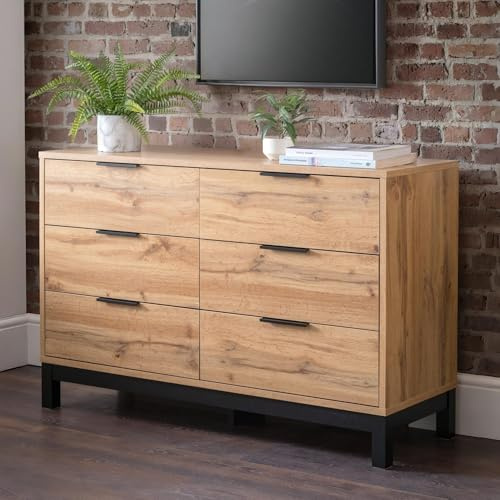 Julian Bowen Bali Chest of Drawers, 6 Drawer, Oak Effect - H77 x W120cm | Industrial Style Drawer Storage Organiser, 6 Drawers, Dresser for Bedroom, Living Room & Hallway