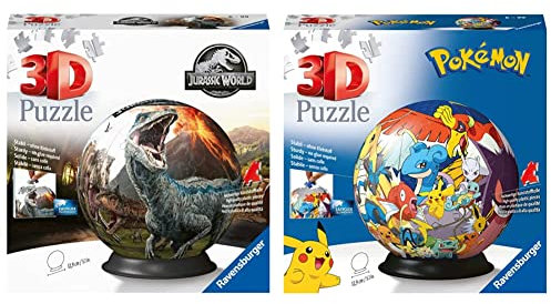 Ravensburger 3D Puzzle 11757 - Puzzle-Ball Jurassic World - 72 Teile - Puzzle-Ball für Dinosaurier-Fans ab 6 Jahren & 11785 - Puzzle-Ball Pokémon - 72 Teile - Puzzle-Ball für Pokémon Fans ab 6 Jahren