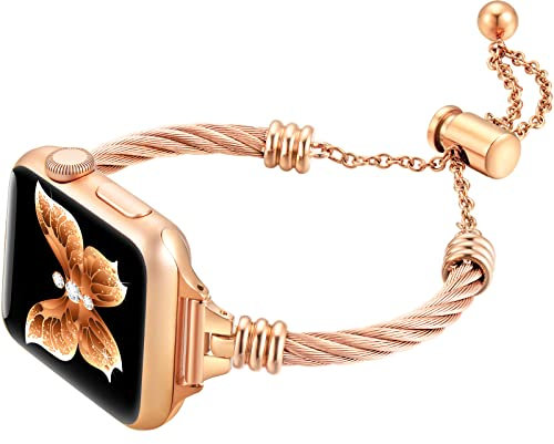 Dilando Correa dorada compatible con Apple Watch Band de 38 mm/40 mm/41 mm, para mujer, serie 8/7, correa de metal de acero inoxidable brillante para iWatch Series 8/7/SE/6/5/4/3/2/1, color dorado,