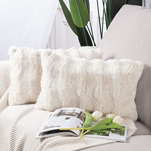 Madizz Pack of 2 Thick Plush Wool Cushion Covers 30x50 cm Cream Soft Neutral Decorative Throw Pillow Covers Accent Boho Pillowcases for Couch Sofa Bedroom Pillow Shell