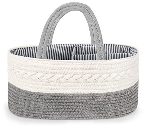 Maliton Nappy Caddy, Cotton Rope Newborn Essentials Diaper Caddy,Sturdy Portable Baby Caddy Storage Basket with Detachable Compartments,Nappy Caddy Organiser as Baby Shower Gifts for Newborn, Grey