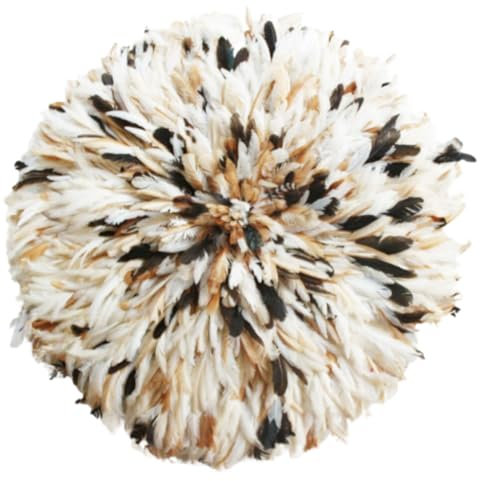 Karioska Juju Hut weiß gepunktet braun natur, 159$ - 219$, afrikanische authentische nachhaltige Dekor, Federn Wanddekoration, (20 Zoll – 50 cm), Weiß - Braun, M/L