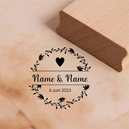 Motivstempel Herz Vintage Blumen Kranz Hochzeit Namen + Datum Stempel Hochzeitsstempel personalisiert - 48 x 48 mm
