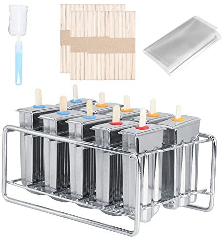 Yuehuamech Lot de 10 moules à glace en acier inoxydable avec bâtonnets et sacs de rangement, brosse de nettoyage et sucettes glacées