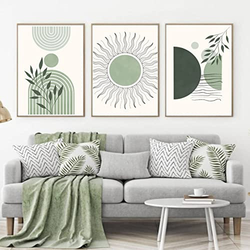 Lot de 3 Boho Plante Verte Minimaliste Ligne Abstraite Soleil Mur Art Toile Peinture Affiches Nordiques Imprime Des Photos pour la Décoration de la Chambre à Coucher-40 * 50Cm (Pas de Cadre)