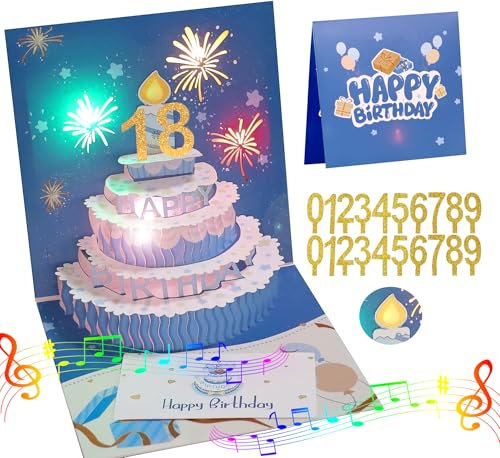 DEESOSPRO® Geburtstagskarte, 3D Feuerwerk Pop Up Geburtstagskarte, Happy Birthday Musik & Blowable LED Licht Geburtstagskarten Geschenk Grußkarte, DIY Kann in Eine Beliebige Alterszahl Geändert Werden