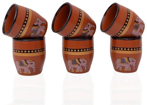 Handgefertigtes traditionelles Kulhar Kulhad Chai Tee Kaffeetasse Tasse Cantaritos Set aus 6 glasierten Erdgeschirr glänzenden Finish Clay Terrakotta Handwerkstudios Töpferwaren Braunes Coffee Cup