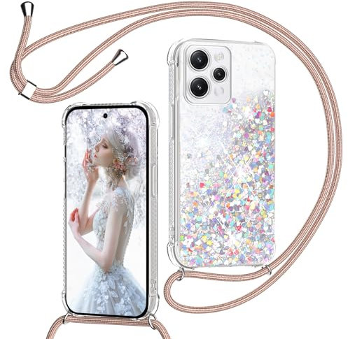 TUUTPU Handyband für Xiaomi Redmi 12 4G Hülle mit Band, Glitzer Treibsand Handyhülle mit Kordel zum Umhängen Transparent Stoßfest Schutzhülle mit Kette Schnur, Quicksand Necklace Case in Roségold