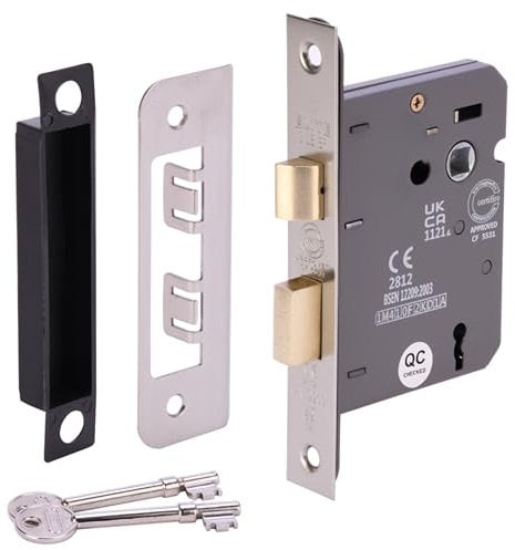 HANDLEZONE® 65mm (2 1/2 inch) Silver Nickel 3 Lever Mortice Sashlock for Internal Timber Doors, Security Key Operated Lock, Reversible Latch, CE & UKCA Approved - Fire Rated - 45mm Backset