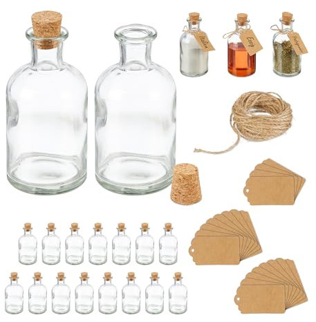 Relaxdays Mini Bouteilles, Lot de 20, Petites fioles, Bouchon de liège, 125ml, à remplir, étiquettes, Transparent/Nature
