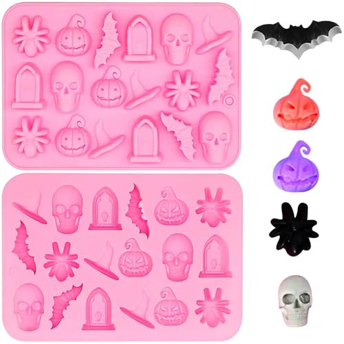 Halloween Silicone Moulds, 2PCS 18-Cavity Halloween Pumpkin Bat Ghost Skull Spider Candy Tombstone Molds DIY Baking Mould for Halloween Chocolate Biscuit Fondant Jelly Ice Tray Decorations