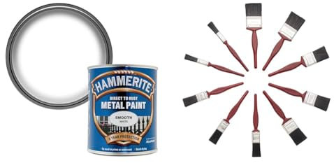 Hammerite Direct to Rust Metal Paint - Smooth White Finish 750ML & Fit For The Job 10 pc Mixed Sizes Paint Brush Set for a Smooth Finish with Emulsion, Gloss, Satin