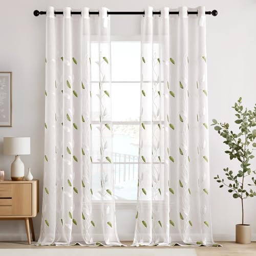 EMEMA Voile Vorhang Wohnzimmer mit Ösen Transparente Blätter Muster Schöne Stickerei Gardinen Fenster Vorhang 2er Set Modern Schlafzimmer Vorhänge Jeder H 225 X B 140 cm Blätter Grün