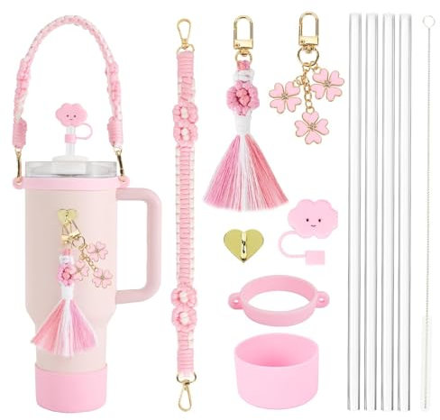 12PCS Pink Cup Accessories for Stanley Cup Including 4 Straws Handle Strap Bottle Cover Silicone Straw Cover Boot Spill Proof Stopper Eyedropper Brush Stanley-Charms for Stanley Cup 40 oz/30 oz(Pink)