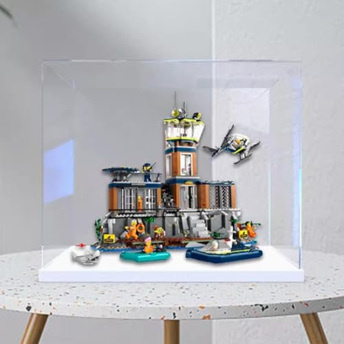 Transparente Acryl-Vitrine für Lego 60419 Gefängnisinsel-Modell, transparente Box, Aufbewahrungsbox, Displaybox, kompatibel mit 60419 Modell. (nur Displaybox) (weiße offene Tür)